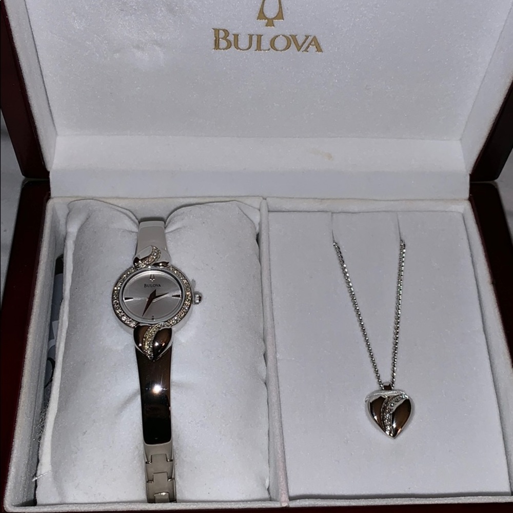 Bulova bracelet watch and necklace set